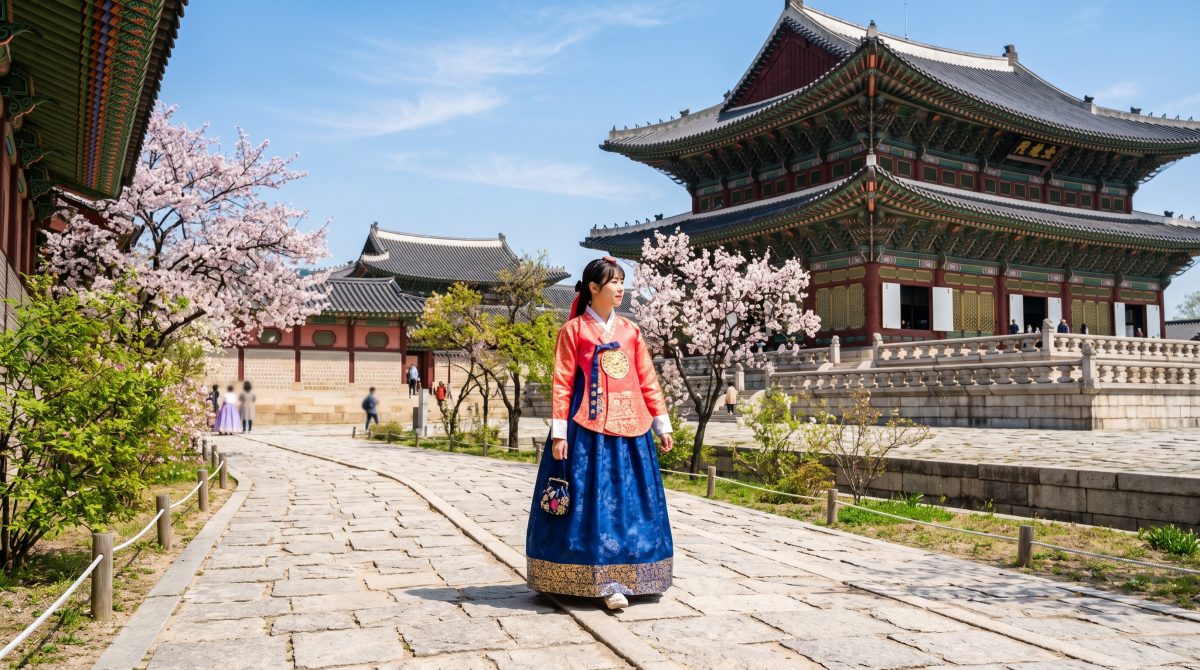 한복을 입고 경복궁을 거니는 여행객