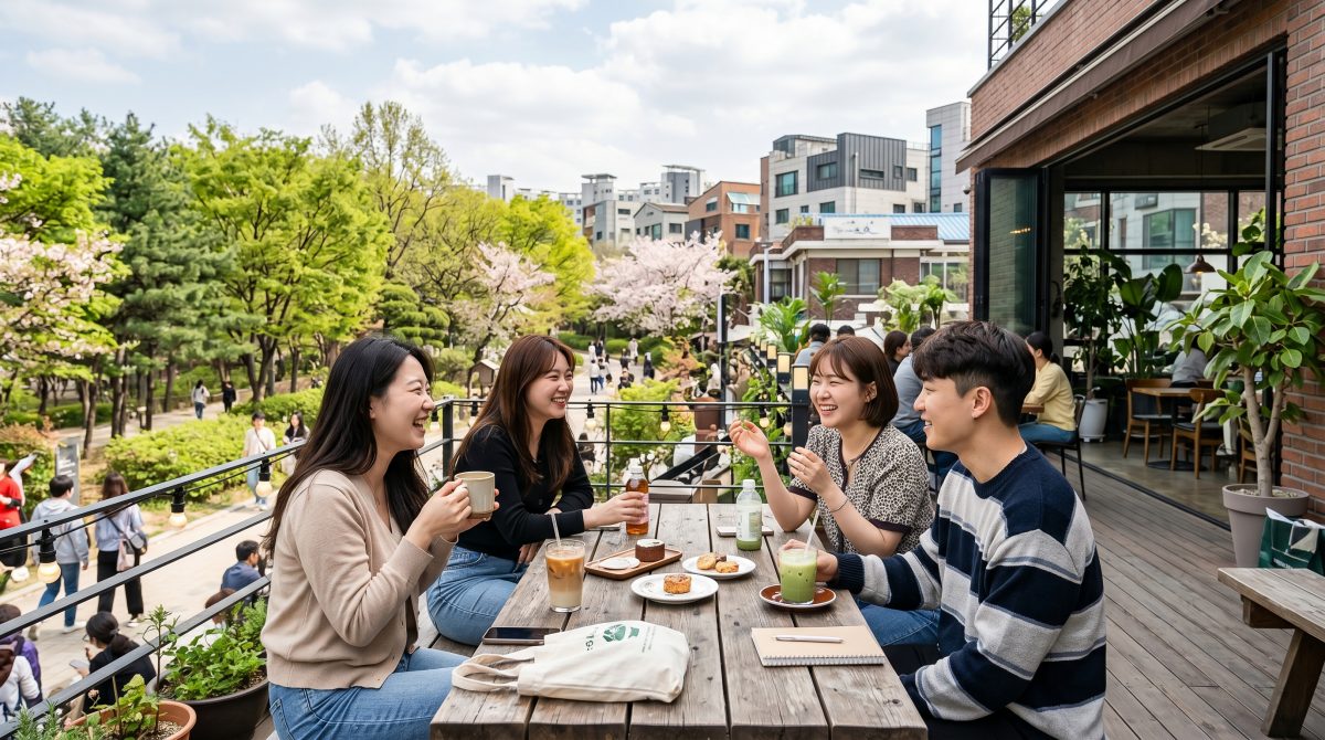 성수동 카페거리와 서울숲을 즐기는 사람들