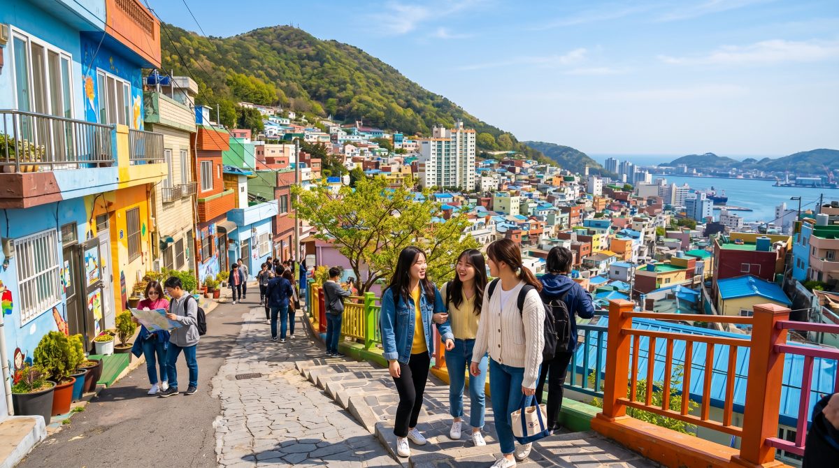 부산 감천문화마을의 알록달록한 풍경을 즐기는 여행객들