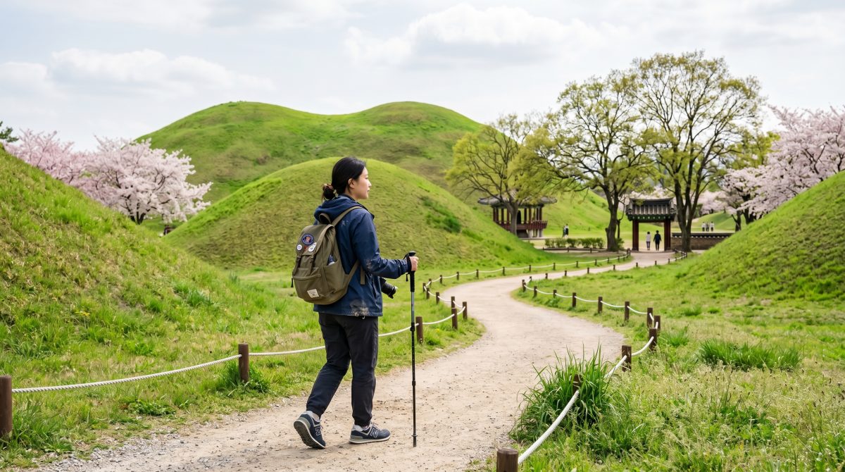 푸른 잔디가 돋아난 경주 대릉원 고분 사이를 걷는 여행객의 모습