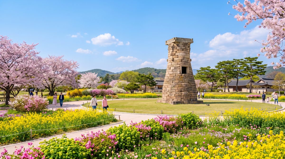 봄꽃이 만개한 첨성대와 그 주변을 관람하는 여행객들