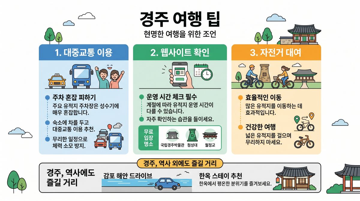 경주 여행 시 주의사항과 효율적인 이동 방법을 담은 인포그래픽