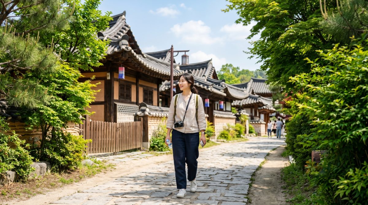 한옥마을의 고즈넉한 골목을 걷는 여행객