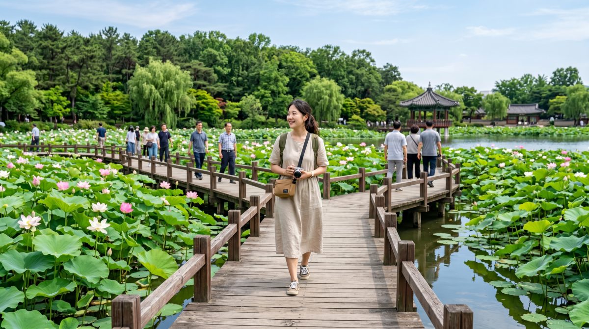 덕진공원의 평화로운 호수 산책로