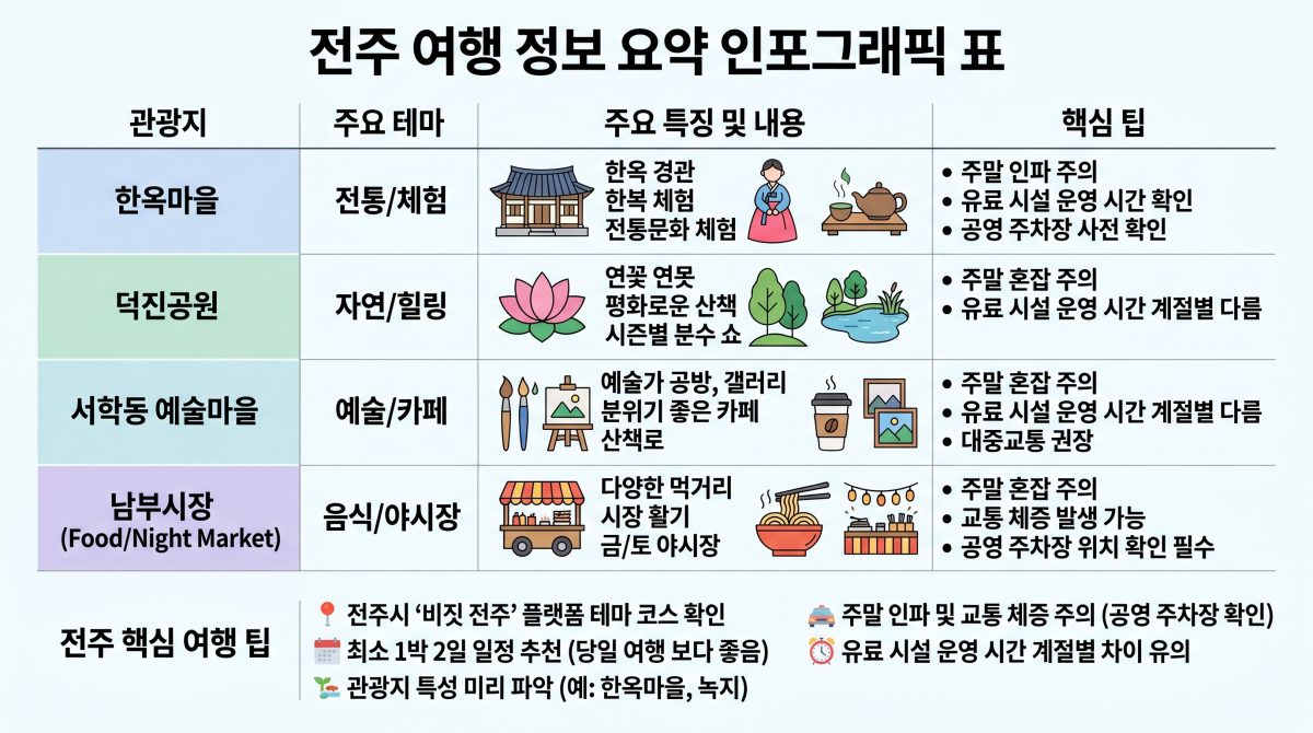 전주 여행지별 테마 및 주요 정보를 정리한 인포그래픽