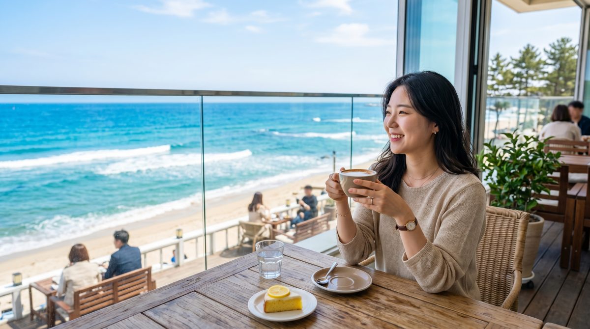 강릉 해변 카페에서 바다를 바라보며 커피를 즐기는 여행객