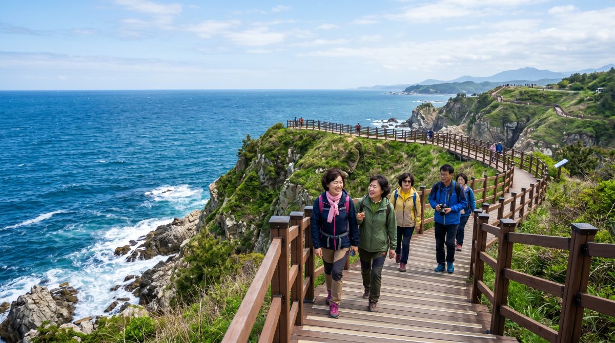 강릉 정동심곡 바다부채길을 걷는 관광객들