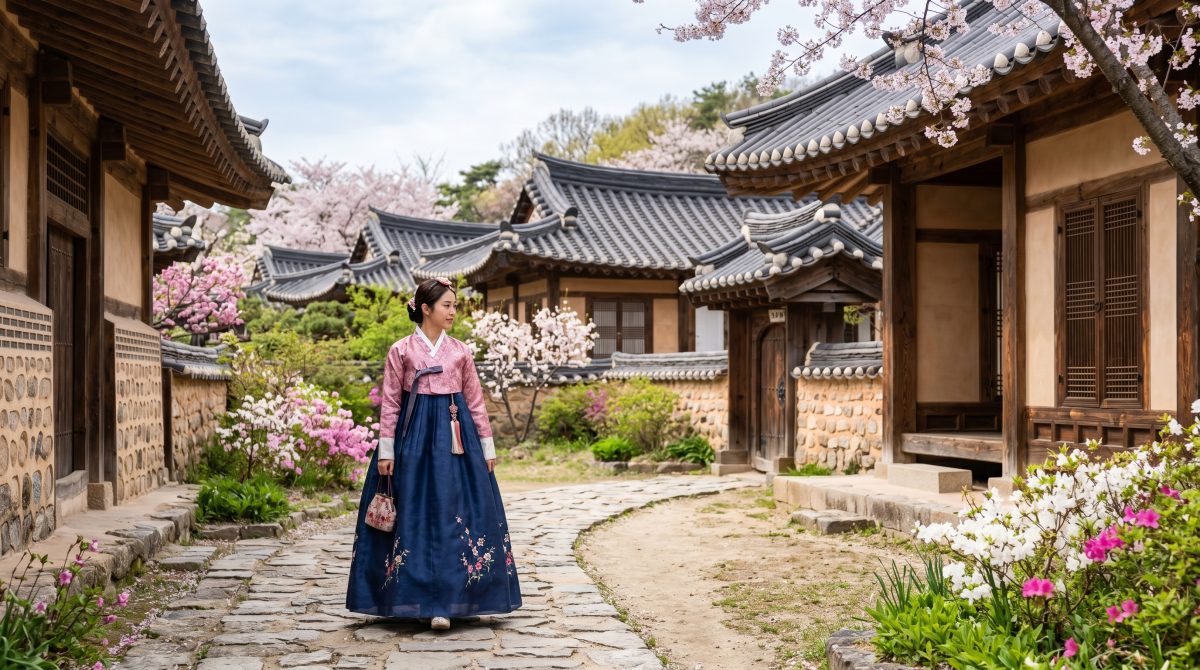 강릉 선교장 한옥 마당을 걷는 한복 입은 사람