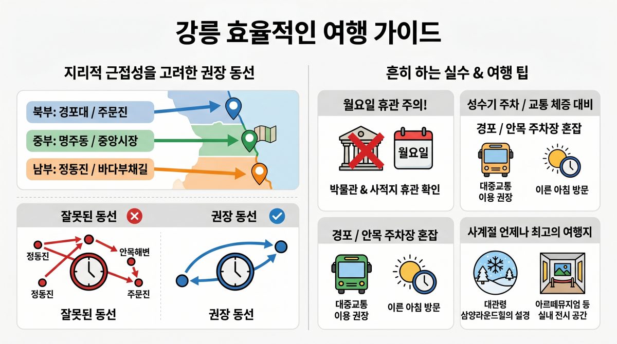 강릉 여행 추천 동선과 주의사항을 담은 인포그래픽