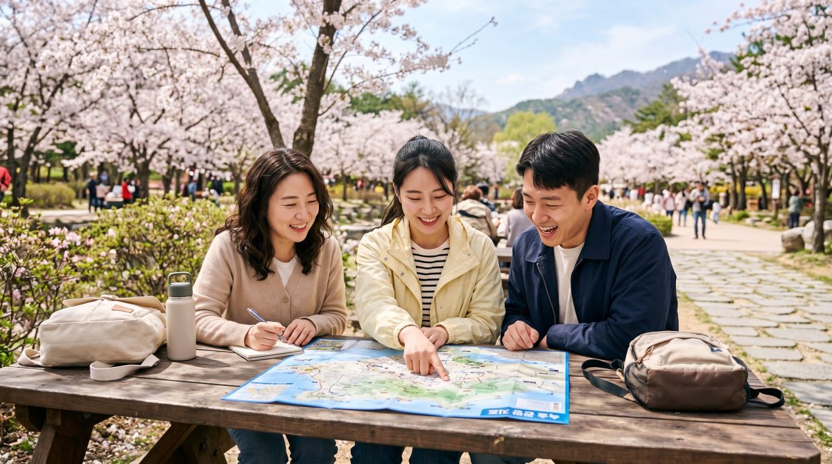 속초 여행을 계획하며 지도를 들여다보는 사람들