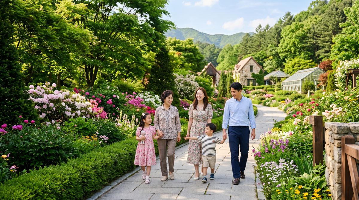 제이드가든 수목원을 산책하는 가족 여행객
