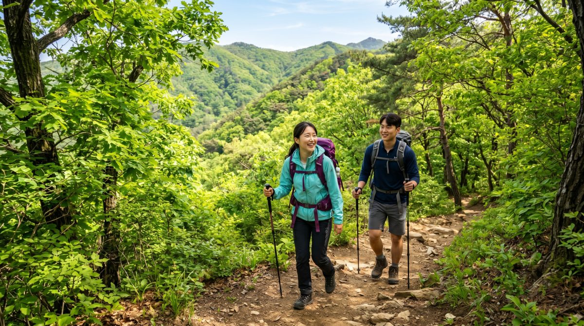팔공산의 푸른 숲길을 걷는 여행객들