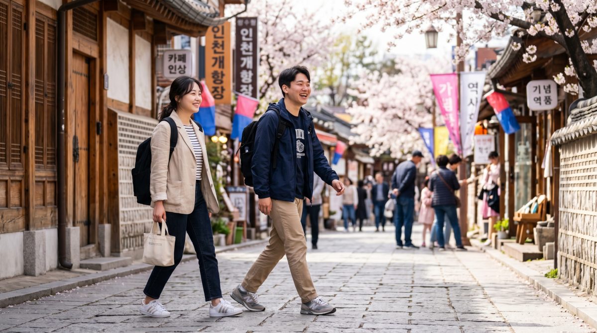 인천 여행을 준비하며 편한 신발을 신고 걷는 여행객들의 모습