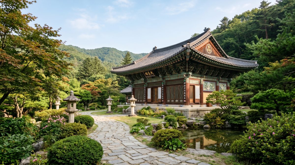 평화로운 한국 전통 사찰의 정취와 고요한 마당의 모습