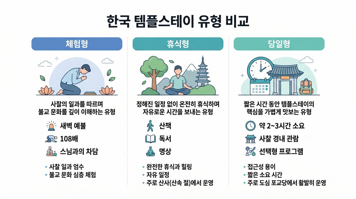 템플스테이 유형(체험형, 휴식형, 당일형)을 구분해 놓은 인포그래픽