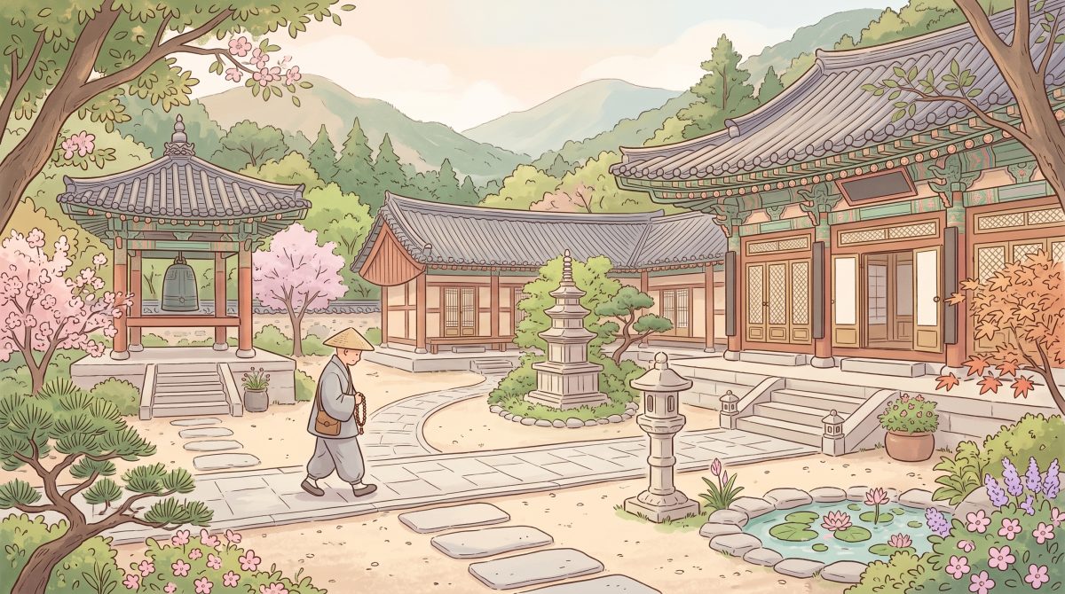 사찰의 조용하고 평화로운 분위기를 담은 일러스트