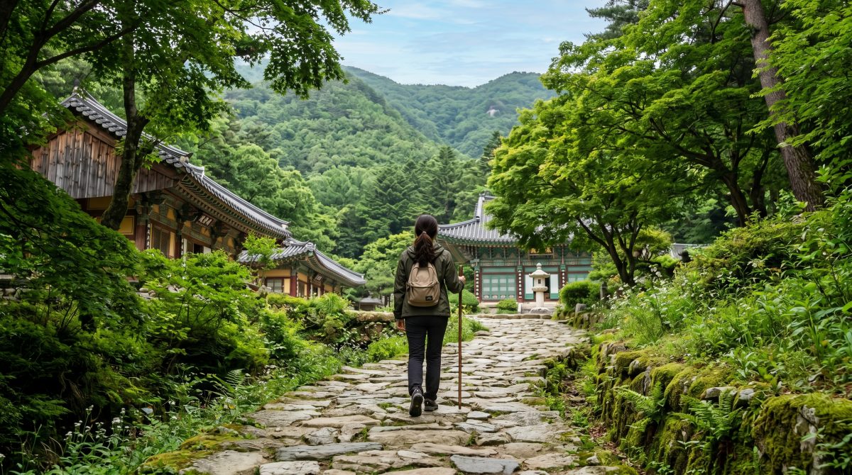 사찰 길을 산책하며 휴식을 취하고 있는 여행자의 모습