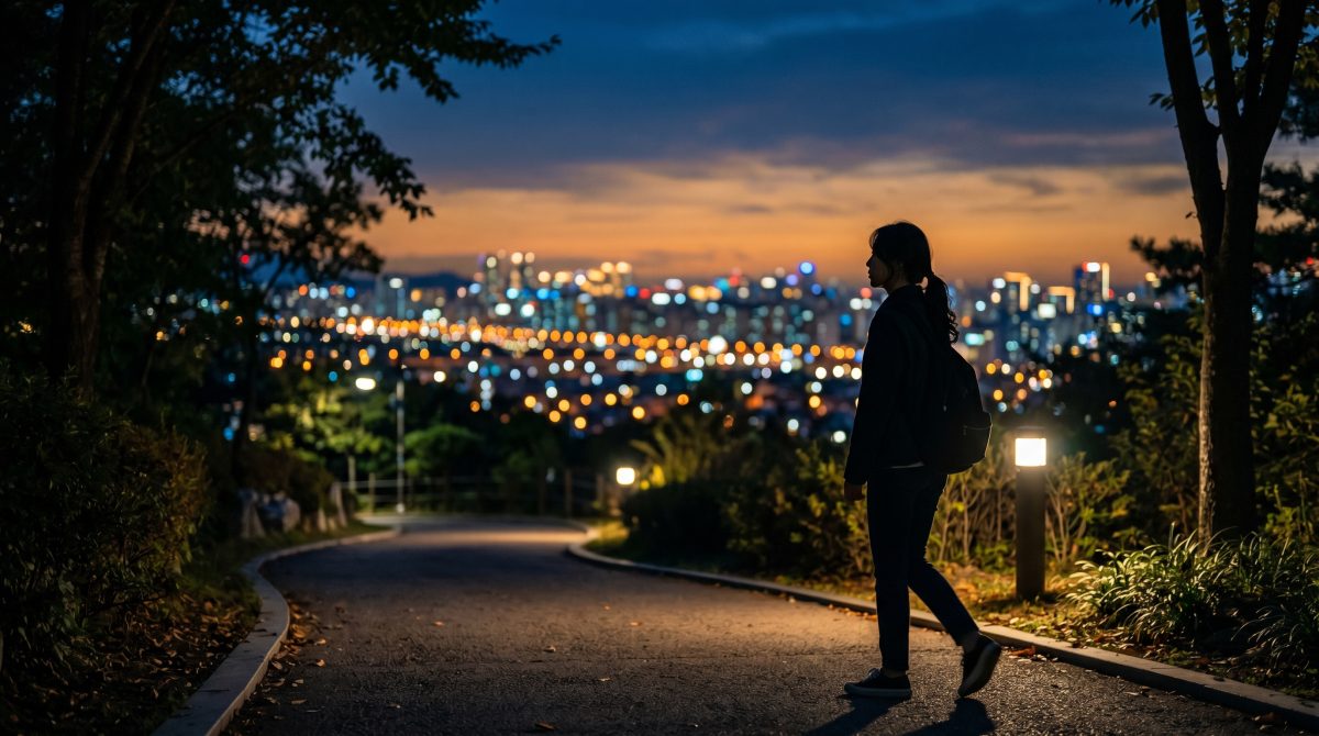 초여름 밤 공원을 산책하는 사람의 실루엣과 멀리 보이는 도시의 야경