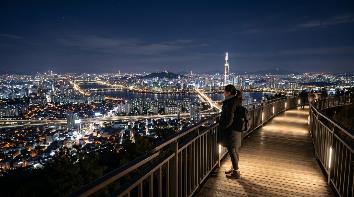 북악스카이웨이에서 내려다보는 서울의 화려한 야경과 산책로