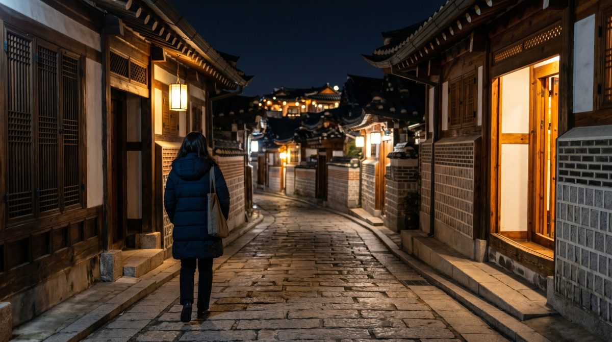 밤의 고즈넉한 삼청동 한옥 거리와 따뜻한 가로등 불빛