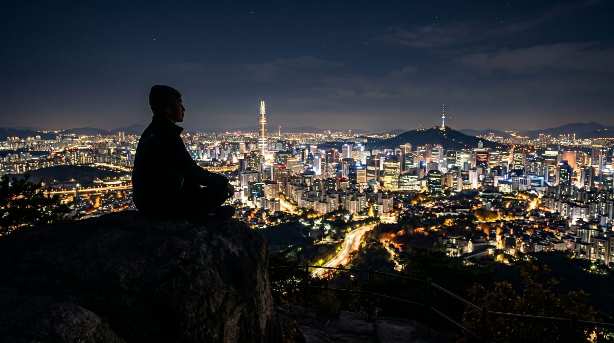 도시의 야경을 바라보며 사색에 잠긴 사람의 모습