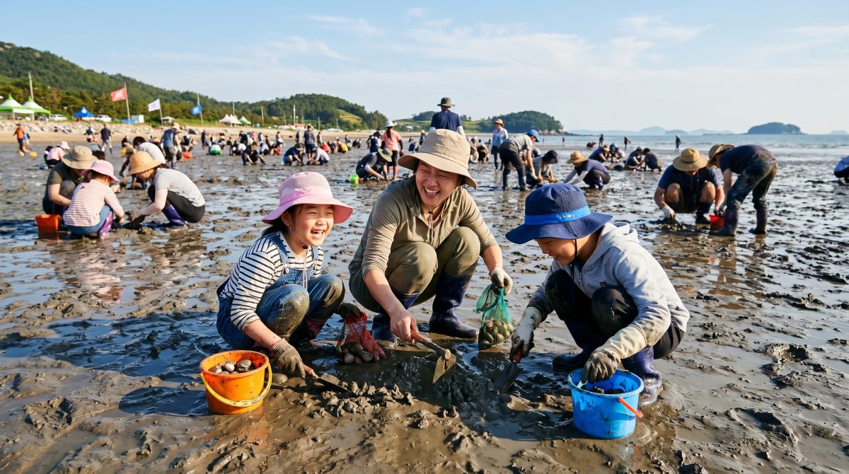 고창갯벌에서 즐겁게 조개를 캐는 가족들