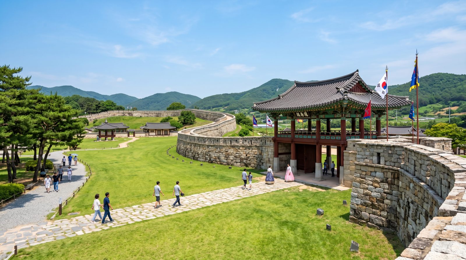 푸른 잔디와 옛 성벽이 어우러진 서산 해미읍성의 전경