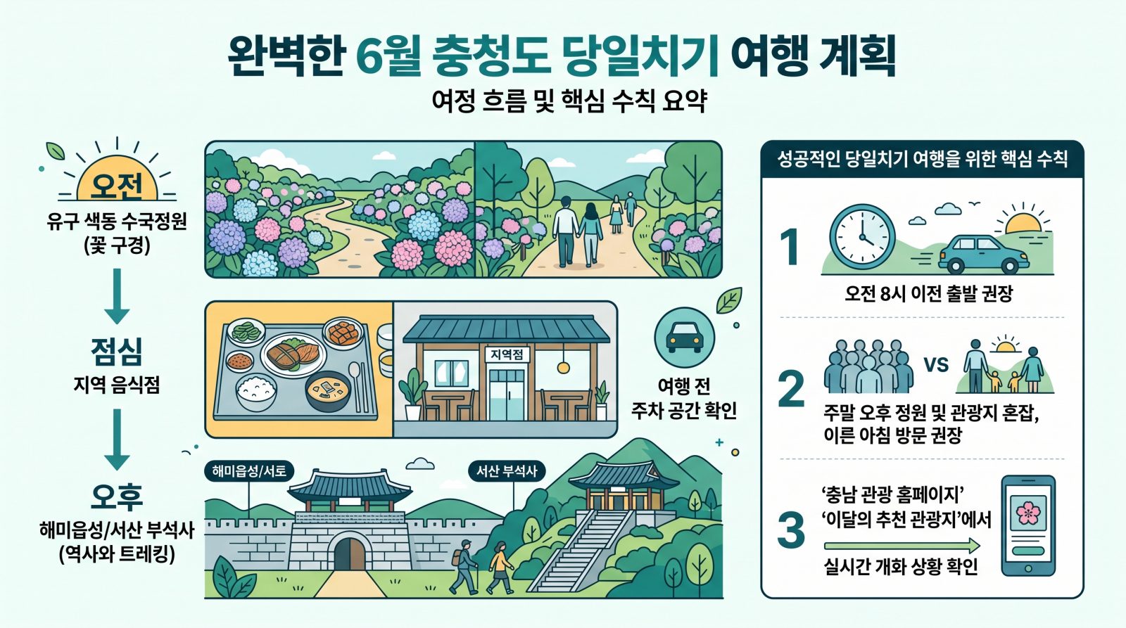 충청권 당일치기 여행 동선과 팁을 정리한 인포그래픽
