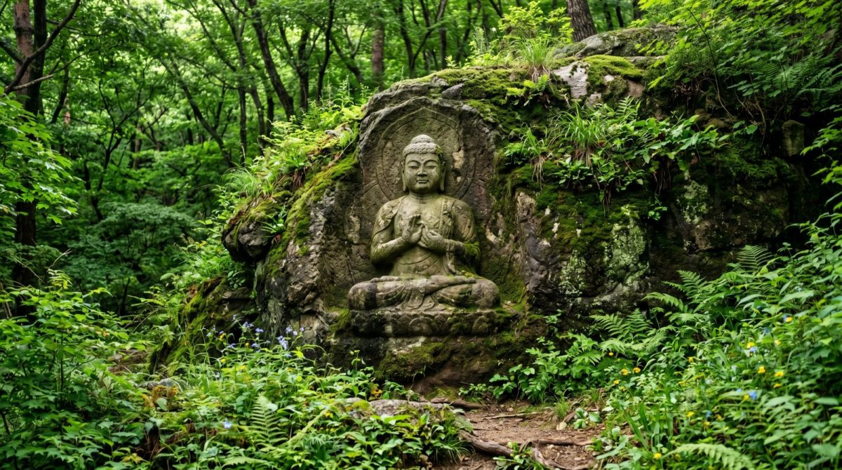 오랜 세월을 간직한 채 초록 이끼에 덮여 있는 경주 남산의 마애불상