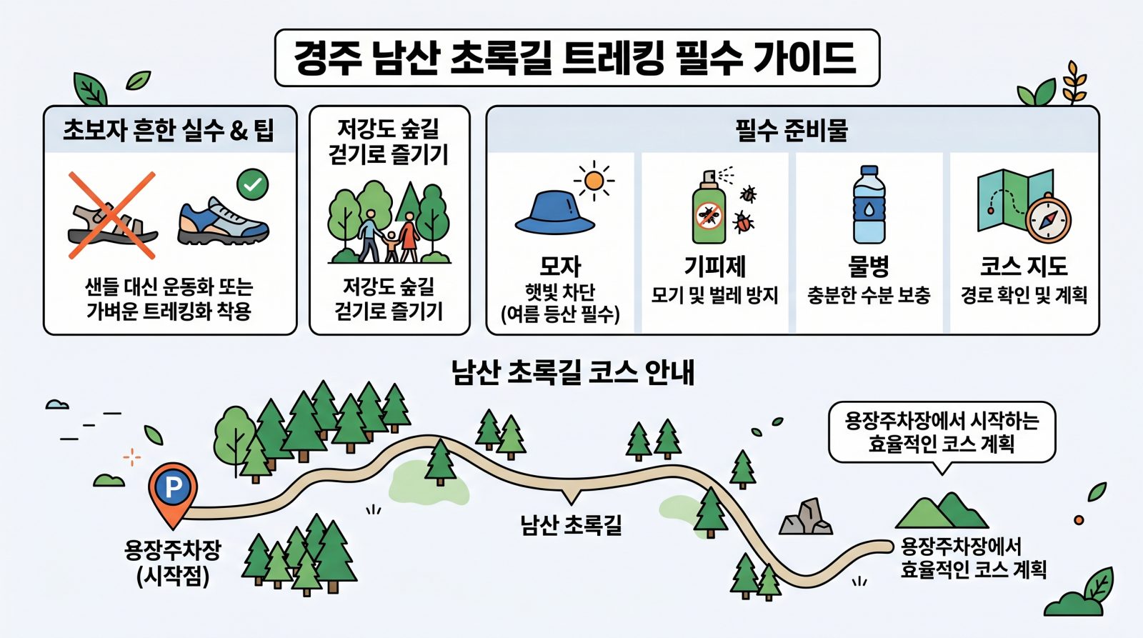 경주 남산 숲길 산책을 위해 필요한 준비물을 정리한 인포그래픽