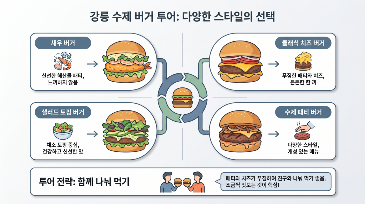 강릉 수제버거의 다양한 스타일을 보여주는 인포그래픽