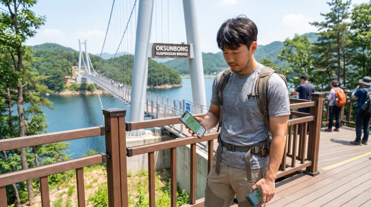 옥순봉 출렁다리 입구에서 지도를 확인하는 여행객
