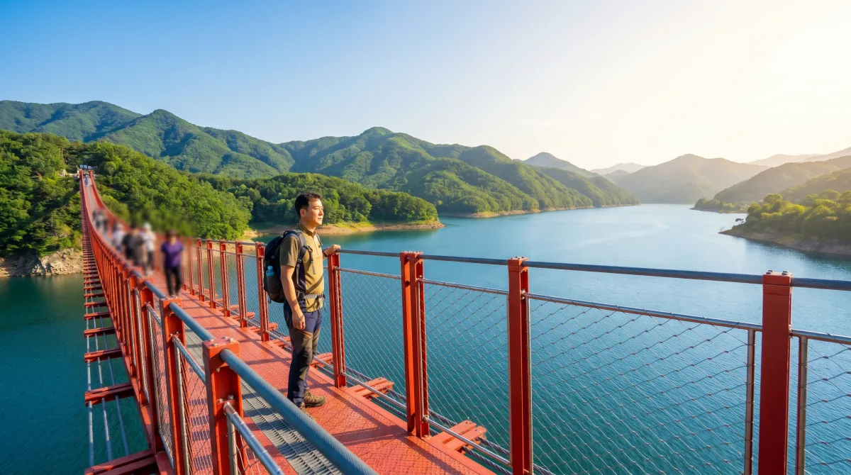 제천 옥순봉 출렁다리 위에서 호수를 바라보는 여행객
