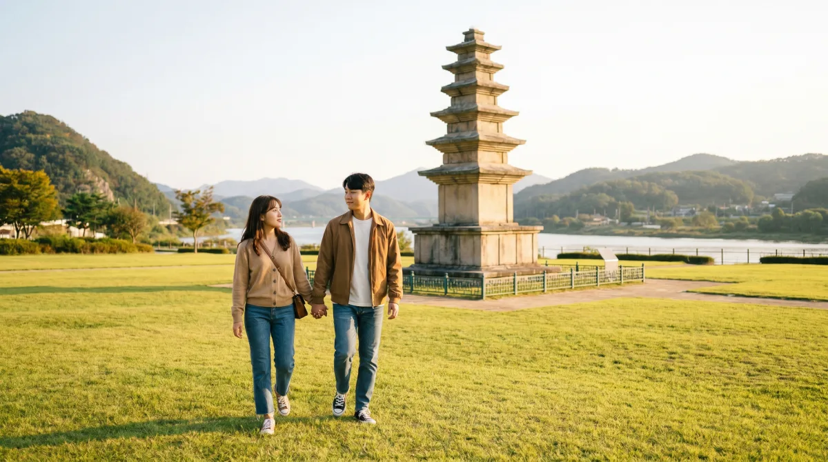충주 중앙탑 사적공원의 전경과 산책로