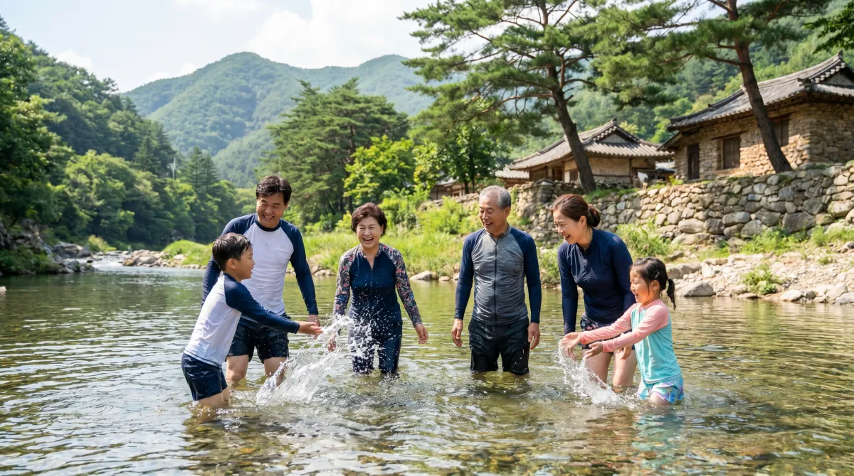 정선 아우라지 계곡에서 물놀이를 즐기는 가족들