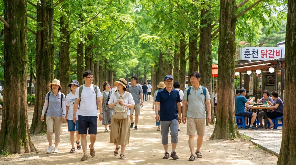 여름의 푸르른 남이섬 산책로를 걷는 여행객들