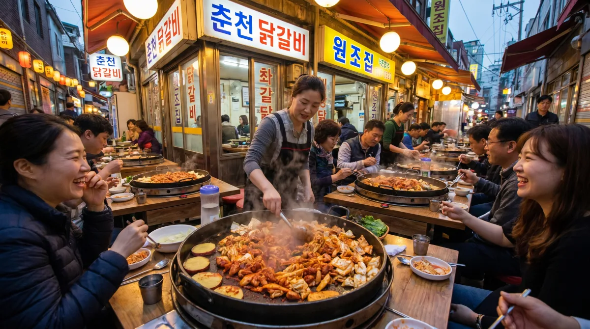 춘천 닭갈비 골목의 철판 닭갈비 요리