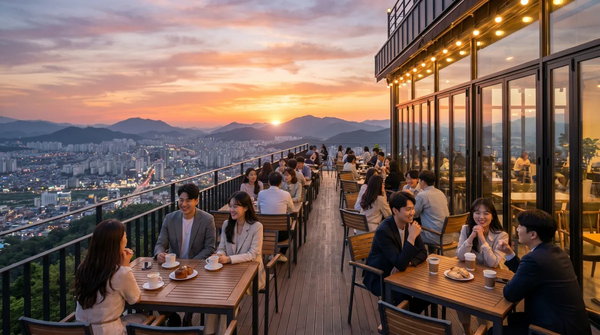 춘천 구봉산 카페거리에서 시내 야경을 즐기는 여행객들