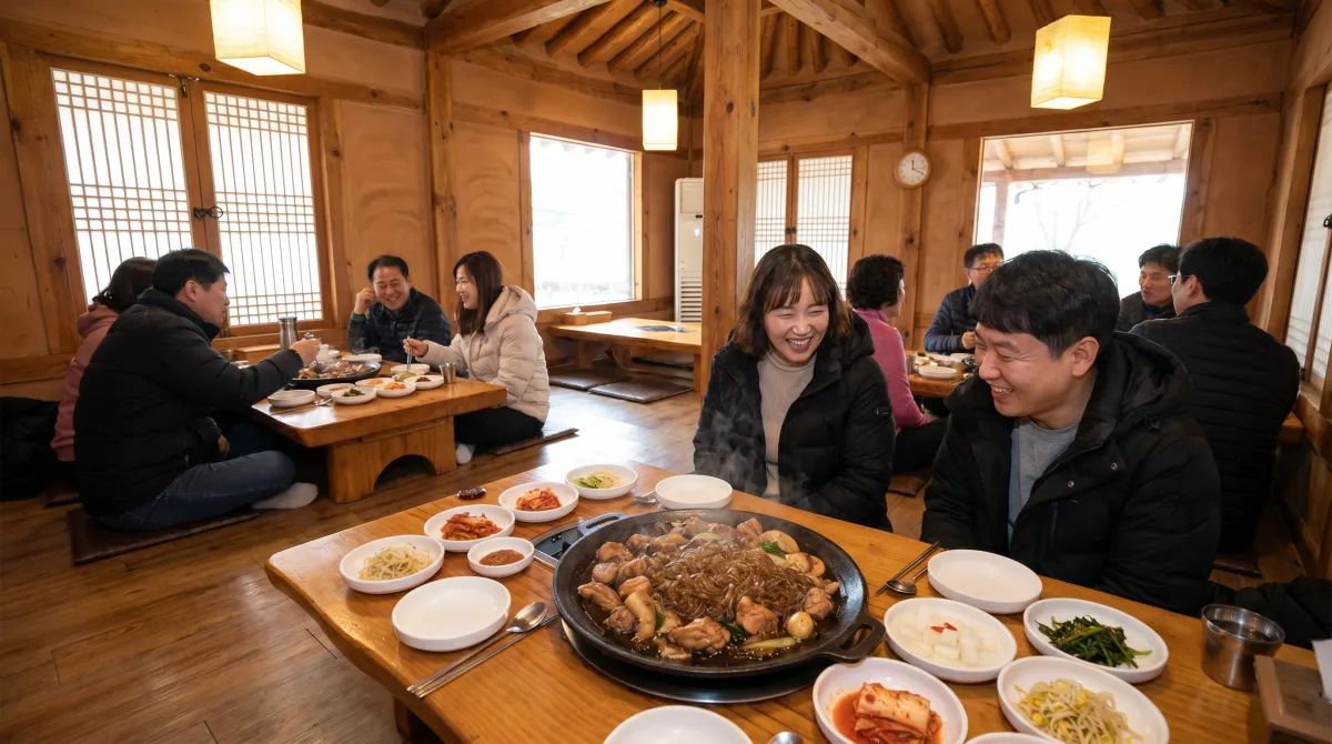 찜닭을 즐기는 여행객들의 식사 풍경